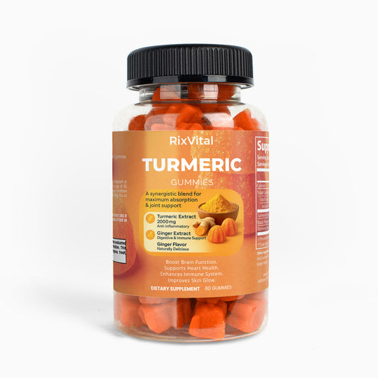 Bottle of RixVital Turmeric gummies on a white background