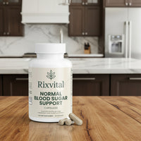 Rixvital supplement bottle for normal blood sugar support on a white background