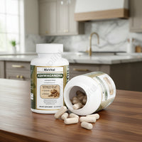 RixVital Ashwagandha dietary supplement bottle with open cap showing capsules on a white background.