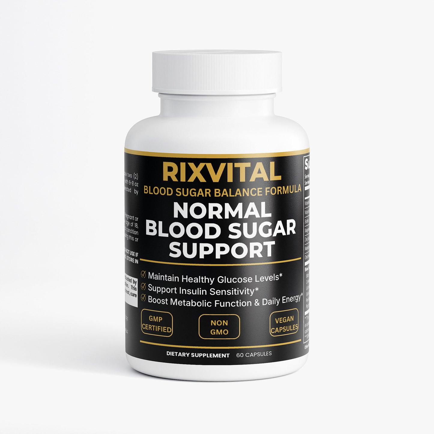 Supplement bottle labeled 'Rixvital' for normal blood sugar support on a white background