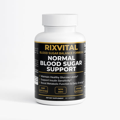 Supplement bottle labeled 'Rixvital' for normal blood sugar support on a white background