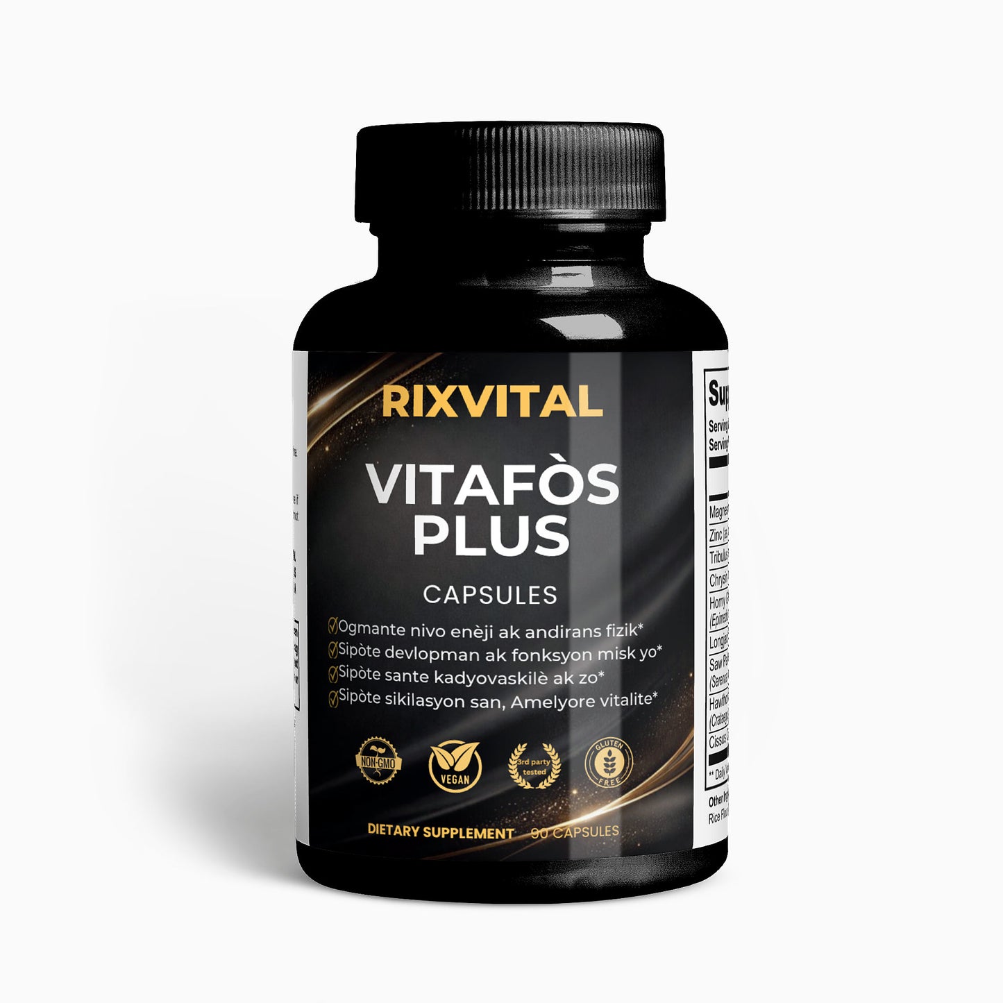 Black supplement bottle labeled 'Rixvital Vitafos Plus' on a white background