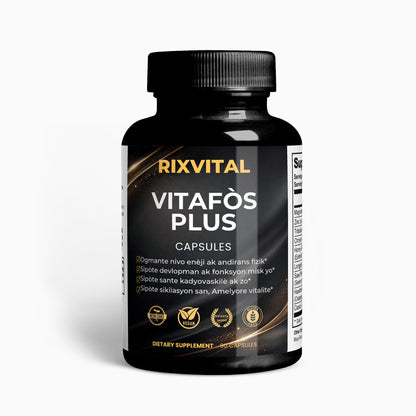 Black supplement bottle labeled 'Rixvital Vitafos Plus' on a white background