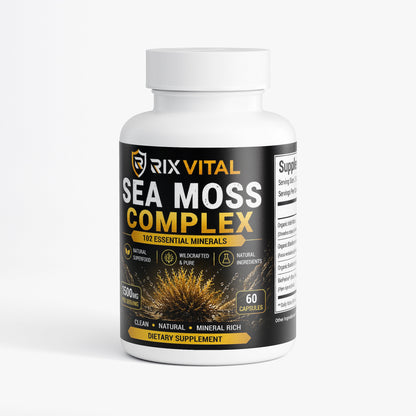 Supplement bottle labeled 'Sea Moss Complex' by Rix Vital on a white background