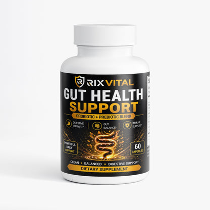 Supplement bottle labeled 'Gut Health Support' by RixVital on a white background