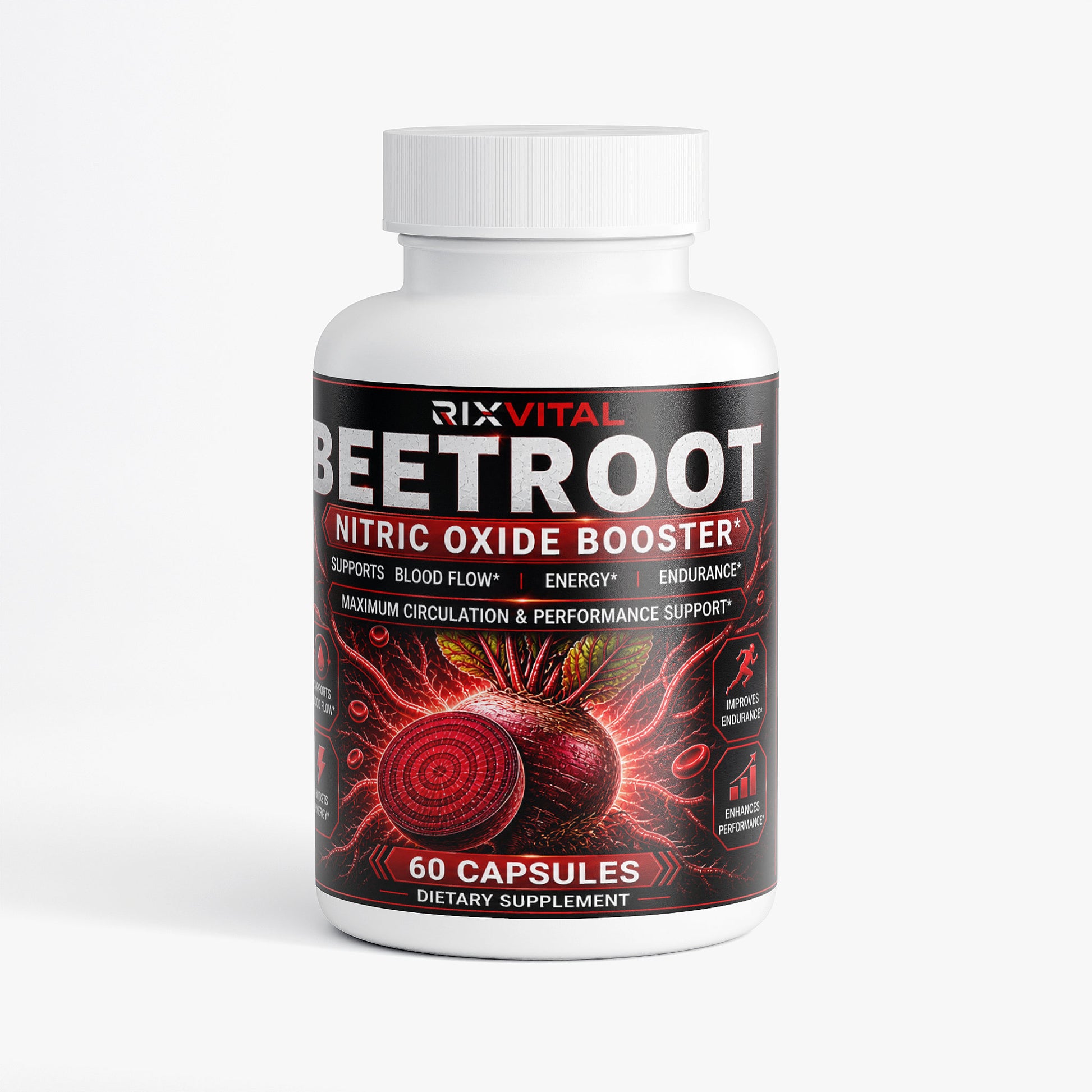 Supplement bottle labeled 'Beetroot Nitric Oxide Booster' by RixVital on a white background