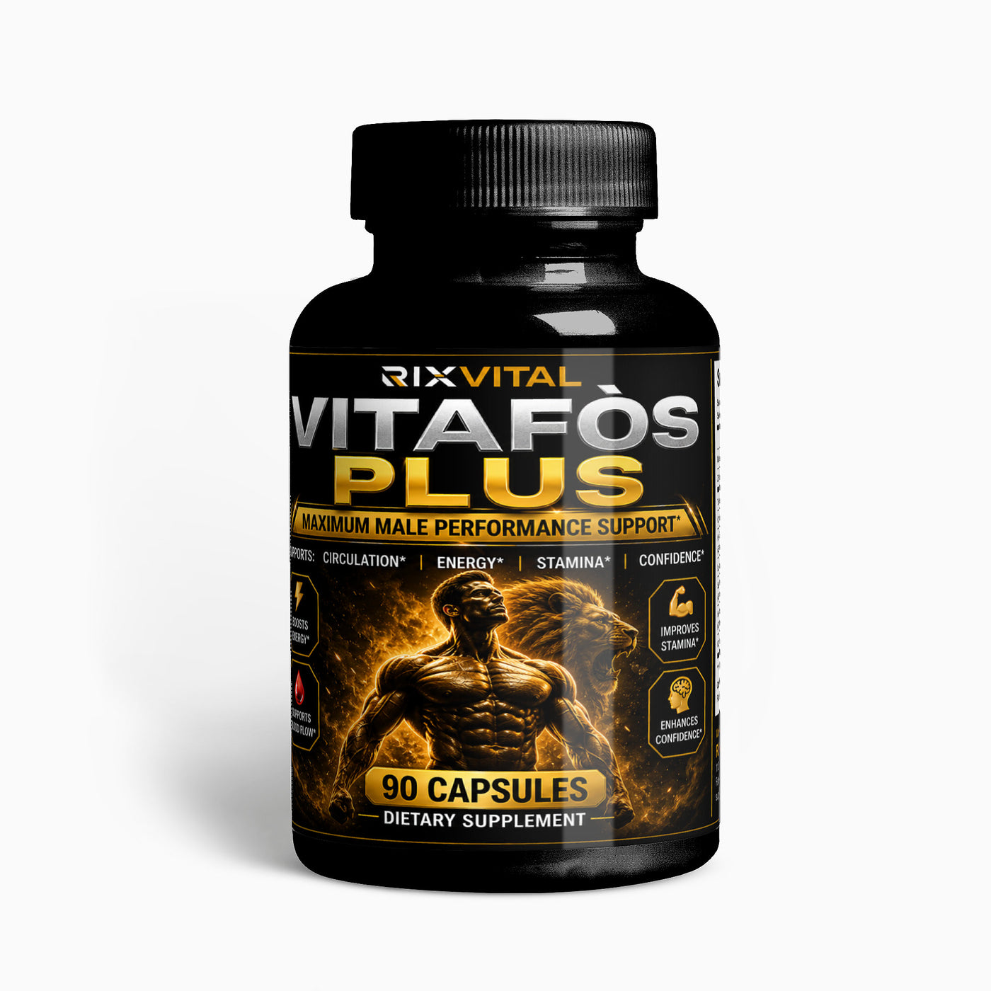 Supplement bottle labeled 'Vitafos Plus' on a white background