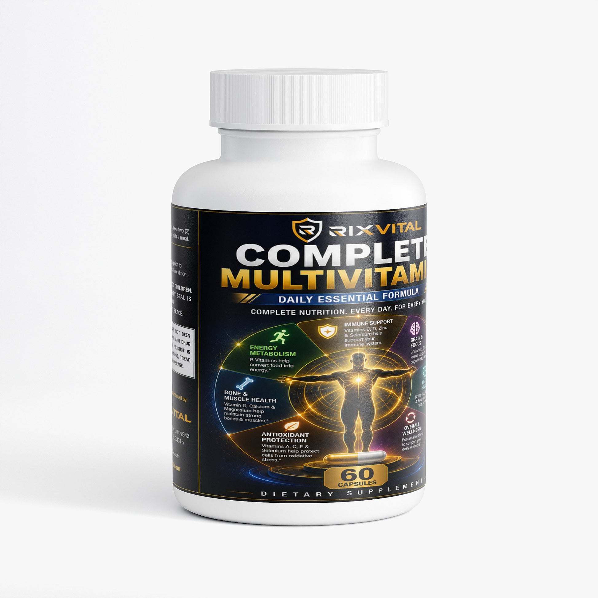 Supplement bottle labeled 'RixVital Complete Multivitamin' on a white background