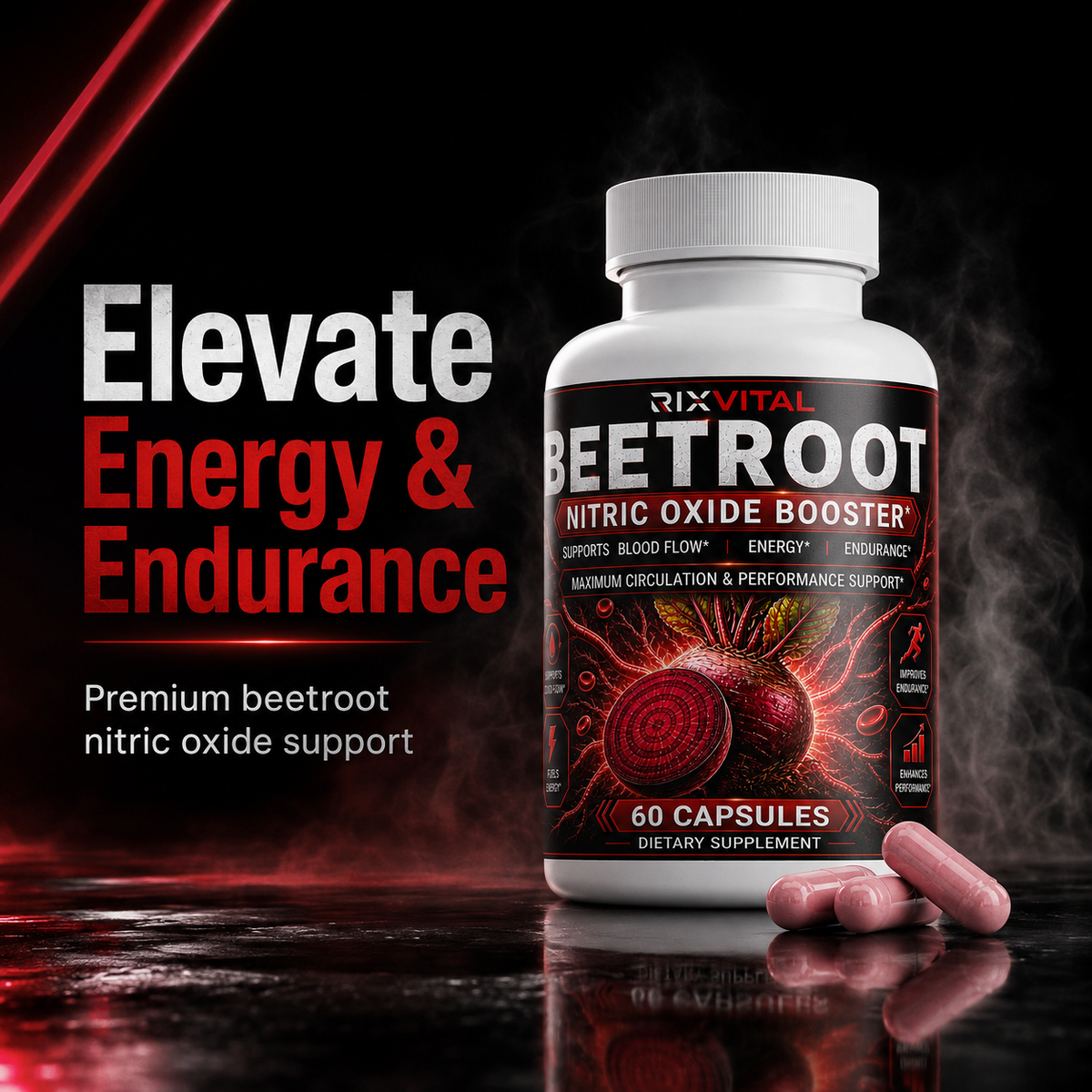 Beetroot nitric oxide booster supplement bottle with promotional text on a dark background