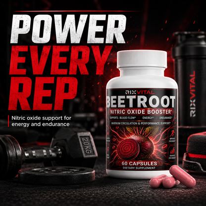 Beetroot supplement bottle with gym equipment and text on a dark background