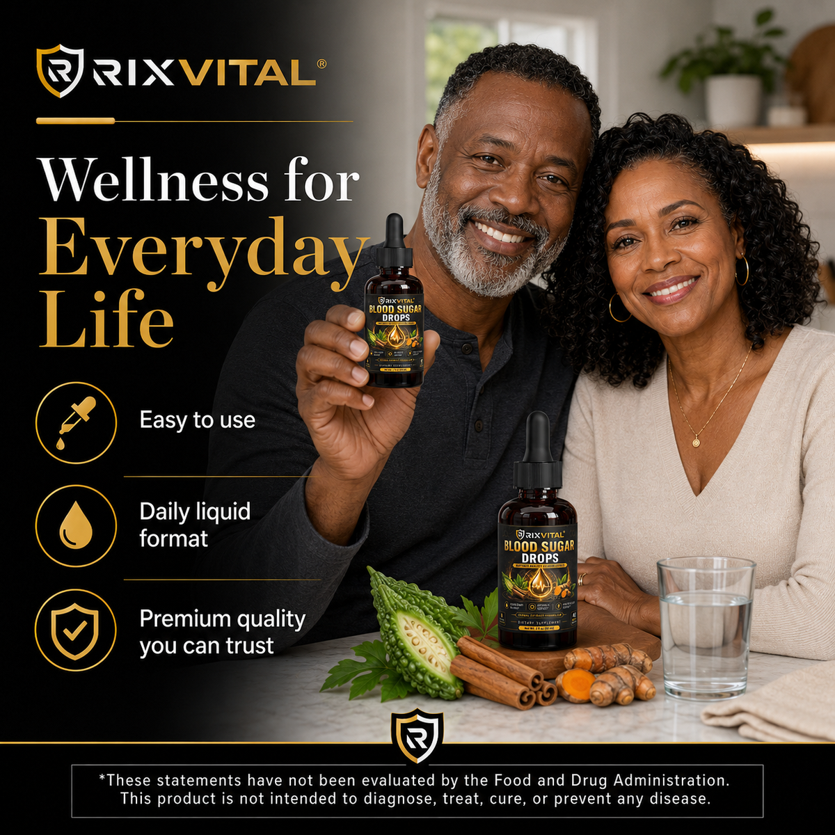 A man and a woman seated at a table holding and presenting RIXVITAL Blood Cleanse Drops, with product bottles, ingredients like turmeric and ginger, and a glass of water on a dark promotional background with text callouts.
