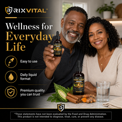 A man and a woman seated at a table holding and presenting RIXVITAL Blood Cleanse Drops, with product bottles, ingredients like turmeric and ginger, and a glass of water on a dark promotional background with text callouts.