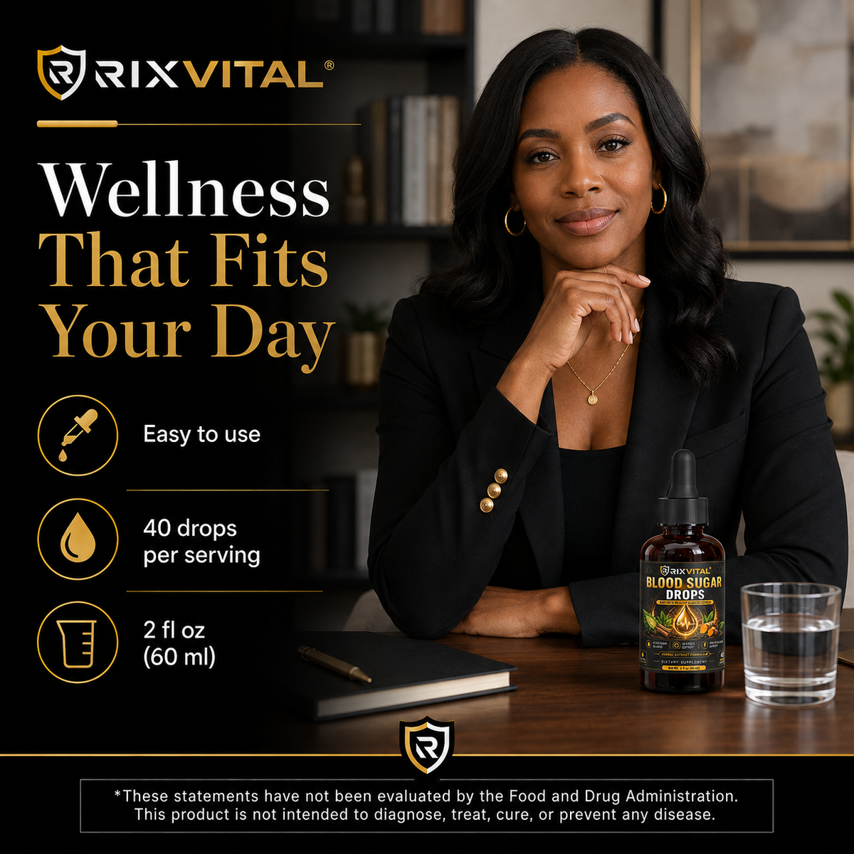 A promotional product graphic for RIXVITAL wellness drops. A woman in a black blazer sits at a desk with a bottle of RIXVITAL Blood Sugar Drops and a glass of water on the table.