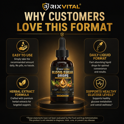 A promotional graphic for RIXVITAL Blood Sugar Drops showing a dark amber dropper bottle centered on a black background with gold text and four benefit callouts around it.