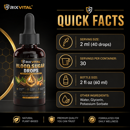 A bottle of RIXVITAL Blood Sugar Drops supplement shown on a black promotional graphic with gold and white text. The bottle is amber glass with a black dropper cap and a dark label featuring gold and green accents.
