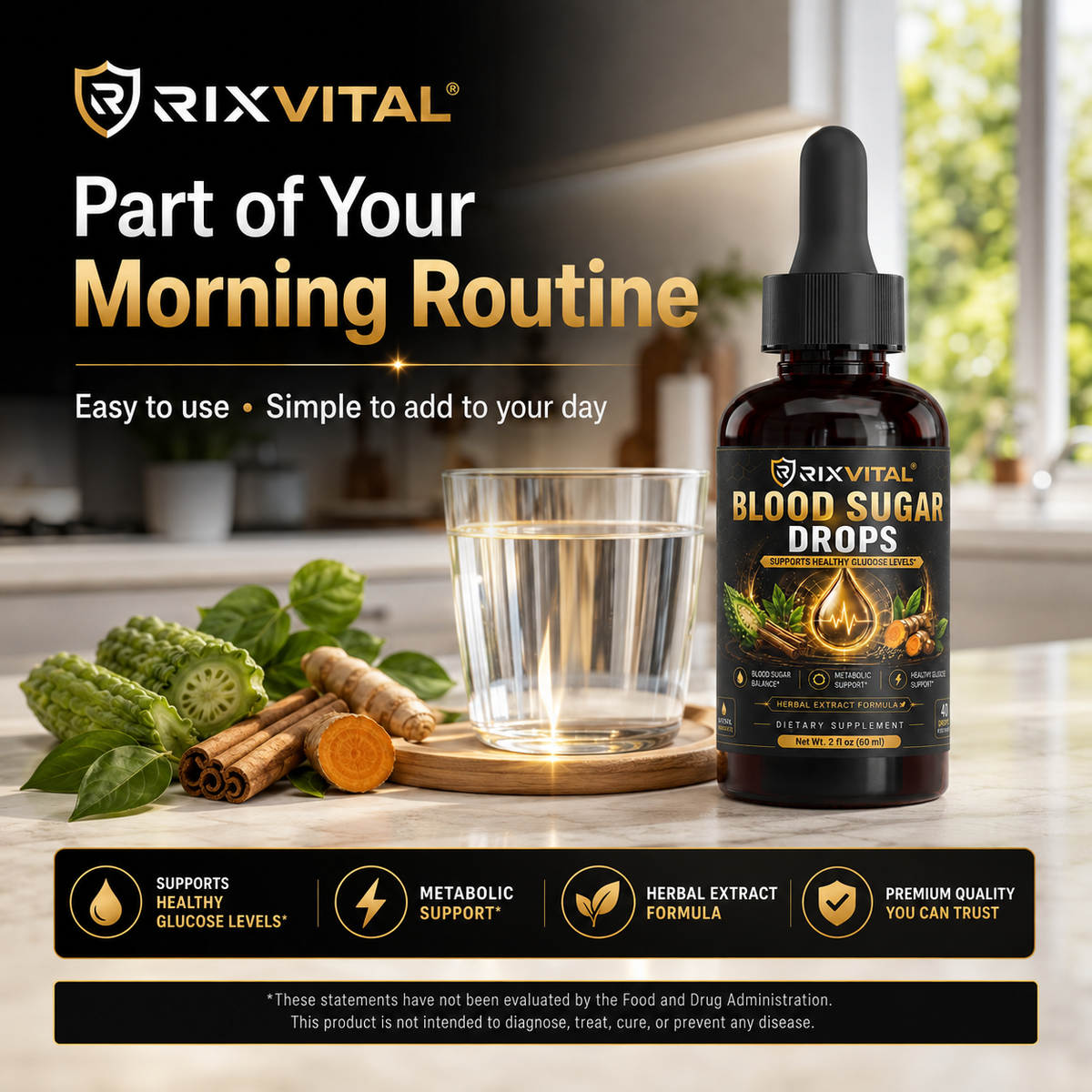 A bottle of RIXVITAL Blood Drops dietary supplement stands on a kitchen counter beside a glass of liquid, herbs, cinnamon, and turmeric, with promotional text reading 'Part of Your Morning Routine' and feature icons along the bottom.