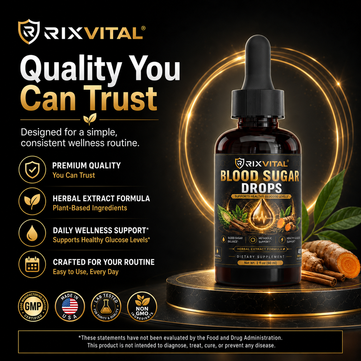 A bottle of RIXVITAL Blood Sugar Drops dietary supplement displayed on a black background with gold graphic rings and text callouts. The bottle is amber glass with a black dropper cap and a black label featuring gold, green, and orange imagery.