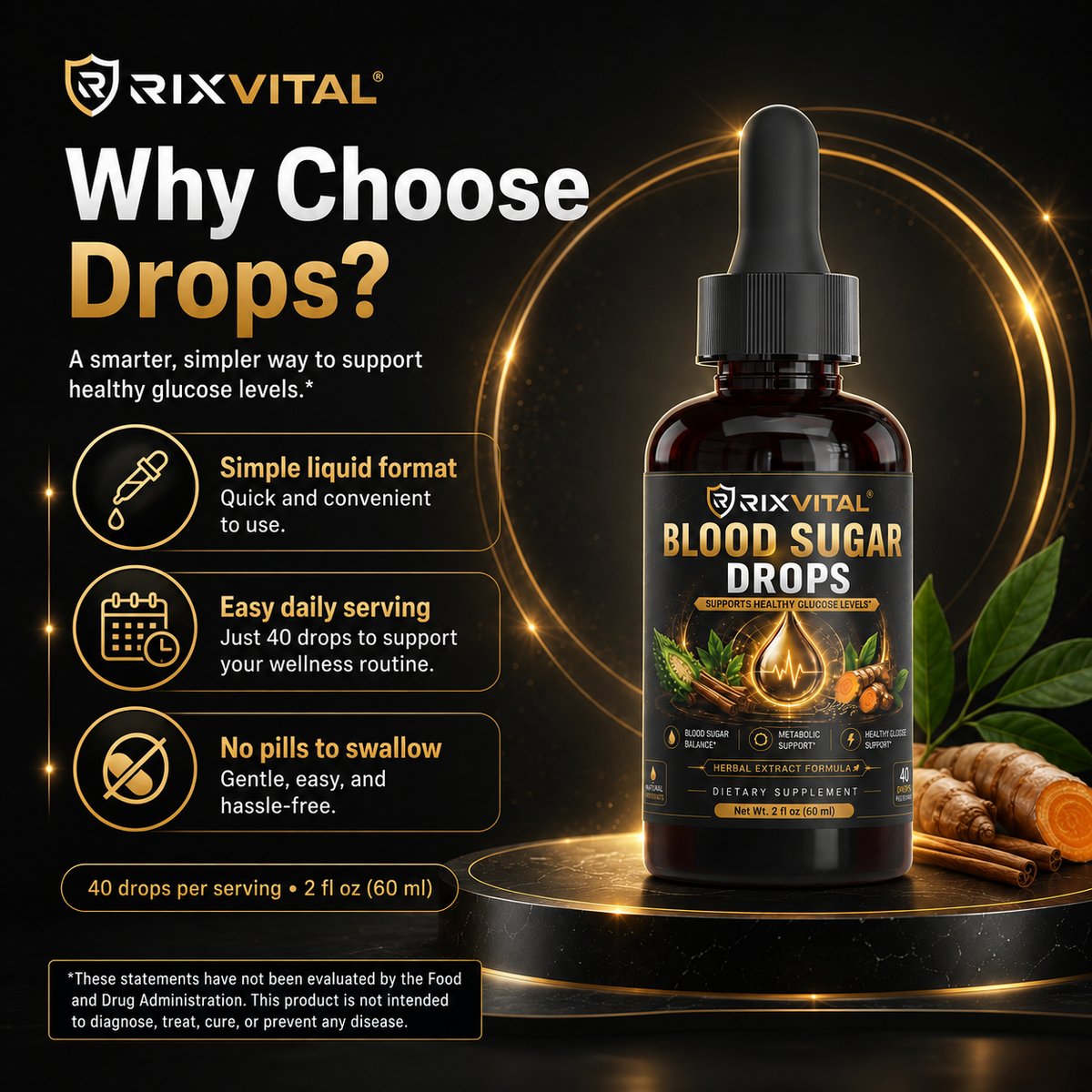 A bottle of RIXVITAL Blood Sugar Drops dietary supplement displayed on a black background with promotional text and icons. The amber glass dropper bottle has a black cap and a label featuring red blood, sugar crystals, and green leaf illustrations.
