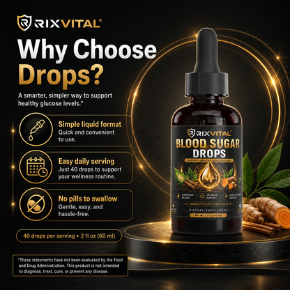 A bottle of RIXVITAL Blood Sugar Drops dietary supplement displayed on a black background with promotional text and icons. The amber glass dropper bottle has a black cap and a label featuring red blood, sugar crystals, and green leaf illustrations.