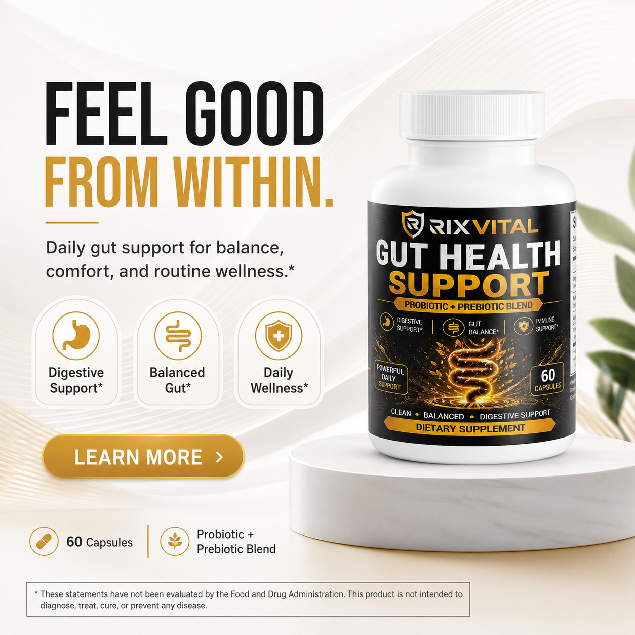 RixVital Gut Health Support supplement bottle with promotional text on a white background