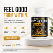 RixVital Gut Health Support supplement bottle with promotional text on a white background