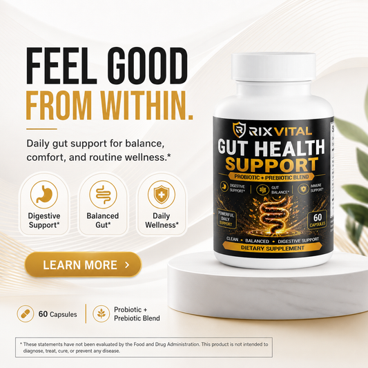 RixVital Gut Health Support supplement bottle with promotional text on a white background