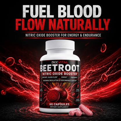 Beetroot supplement bottle with red and black background, text 'Fuel Blood Flow Naturally'.
