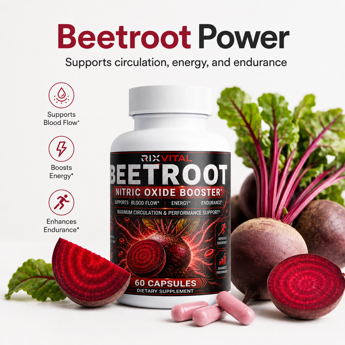 Beetroot supplement bottle with beetroot and text on a white background