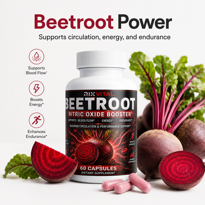 Beetroot supplement bottle with beetroot and text on a white background