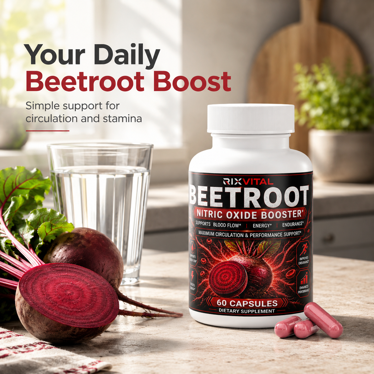 Beetroot supplement bottle with beetroot and glass of water on a wooden surface