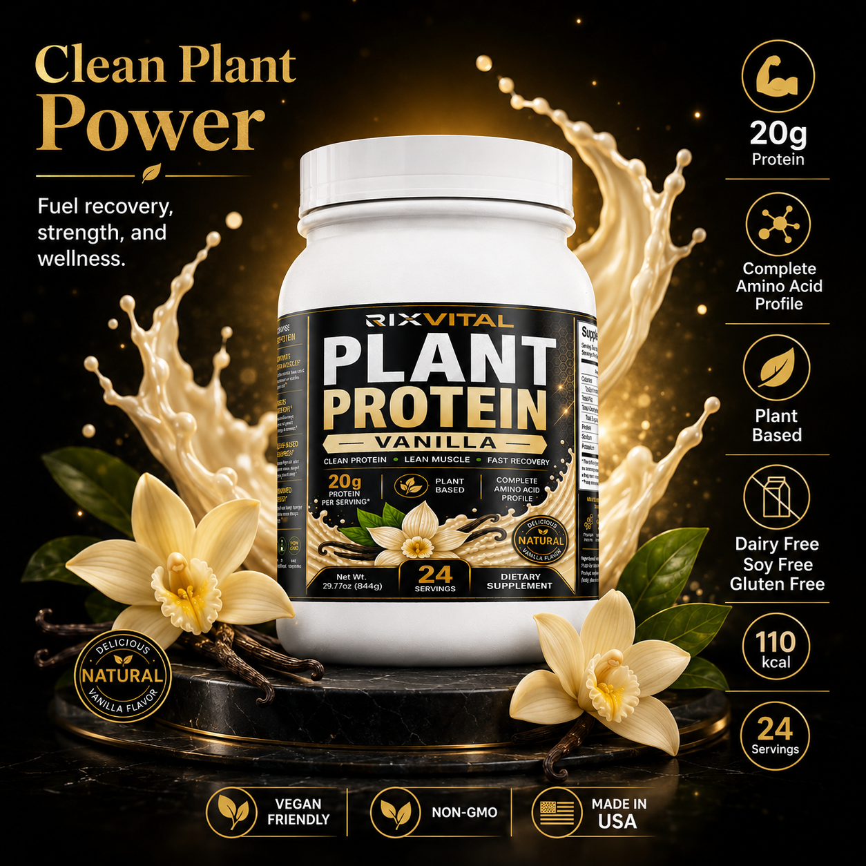 RixVital Plant Protein Vanilla container with vanilla flowers and protein details on a dark background
