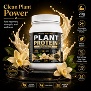 RixVital Plant Protein Vanilla container with vanilla flowers and protein details on a dark background