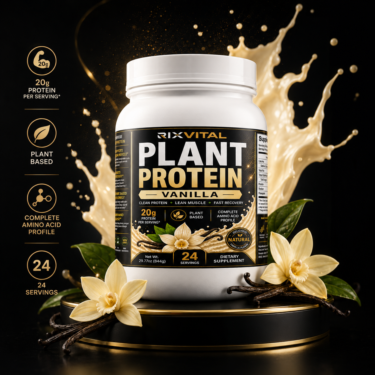 RixVital Plant Protein Vanilla supplement container with vanilla flowers and vanilla beans on a dark background