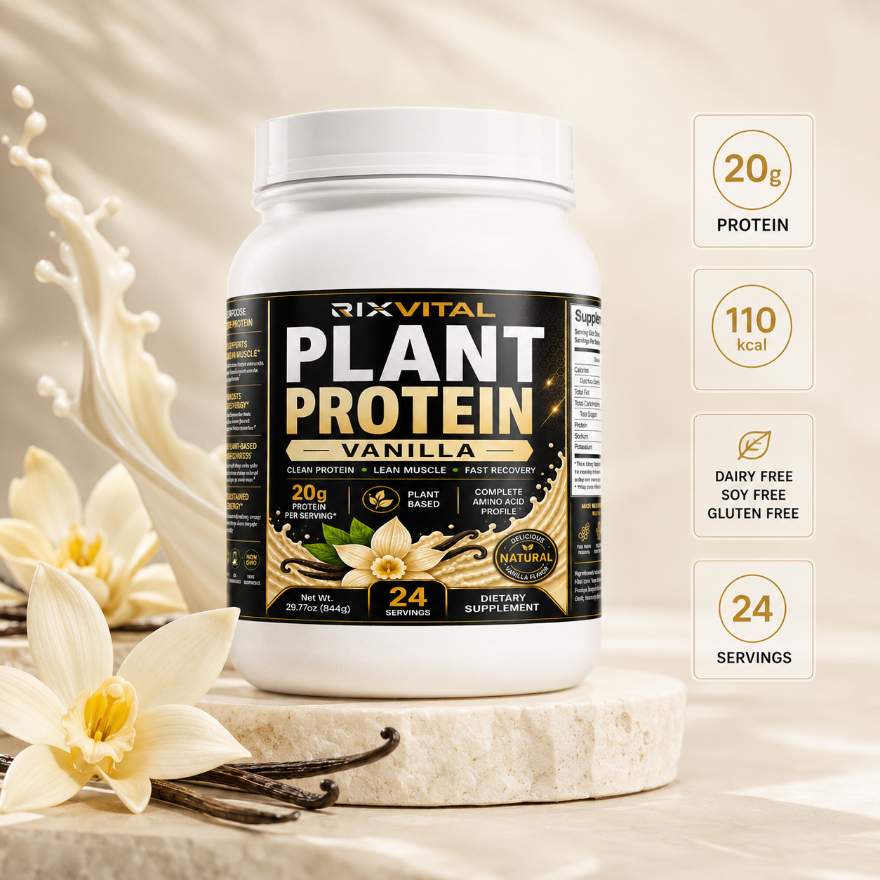 Rixvital Plant Protein Vanilla container with vanilla flowers and nutritional information on a beige background