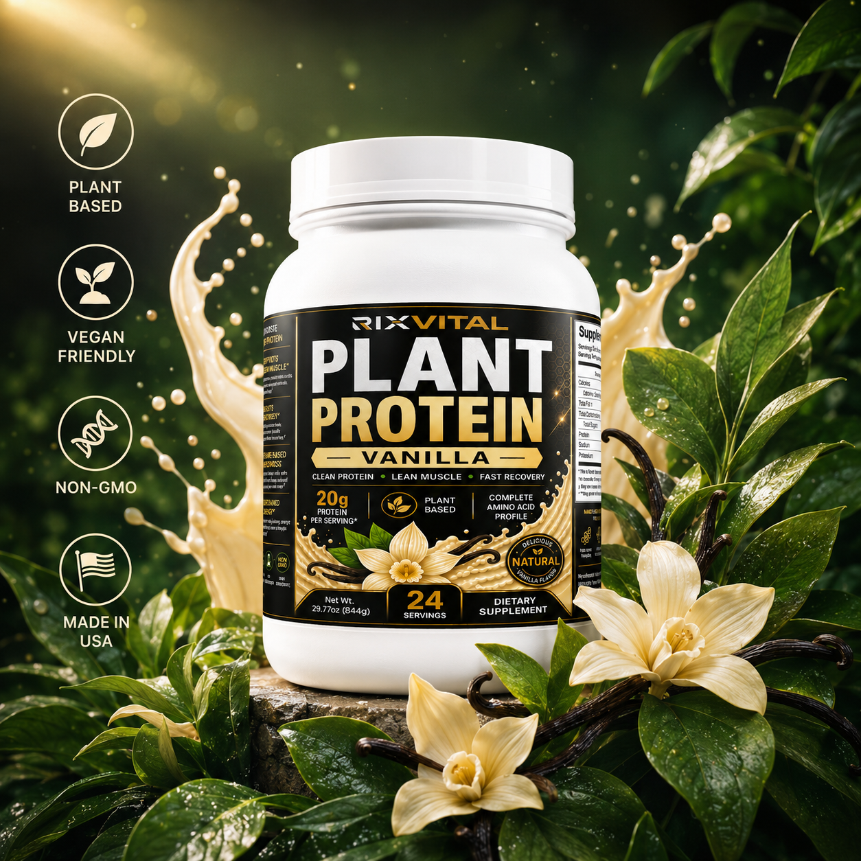 RixVital Plant Protein Vanilla supplement bottle with vanilla flowers and leaves on a dark green background