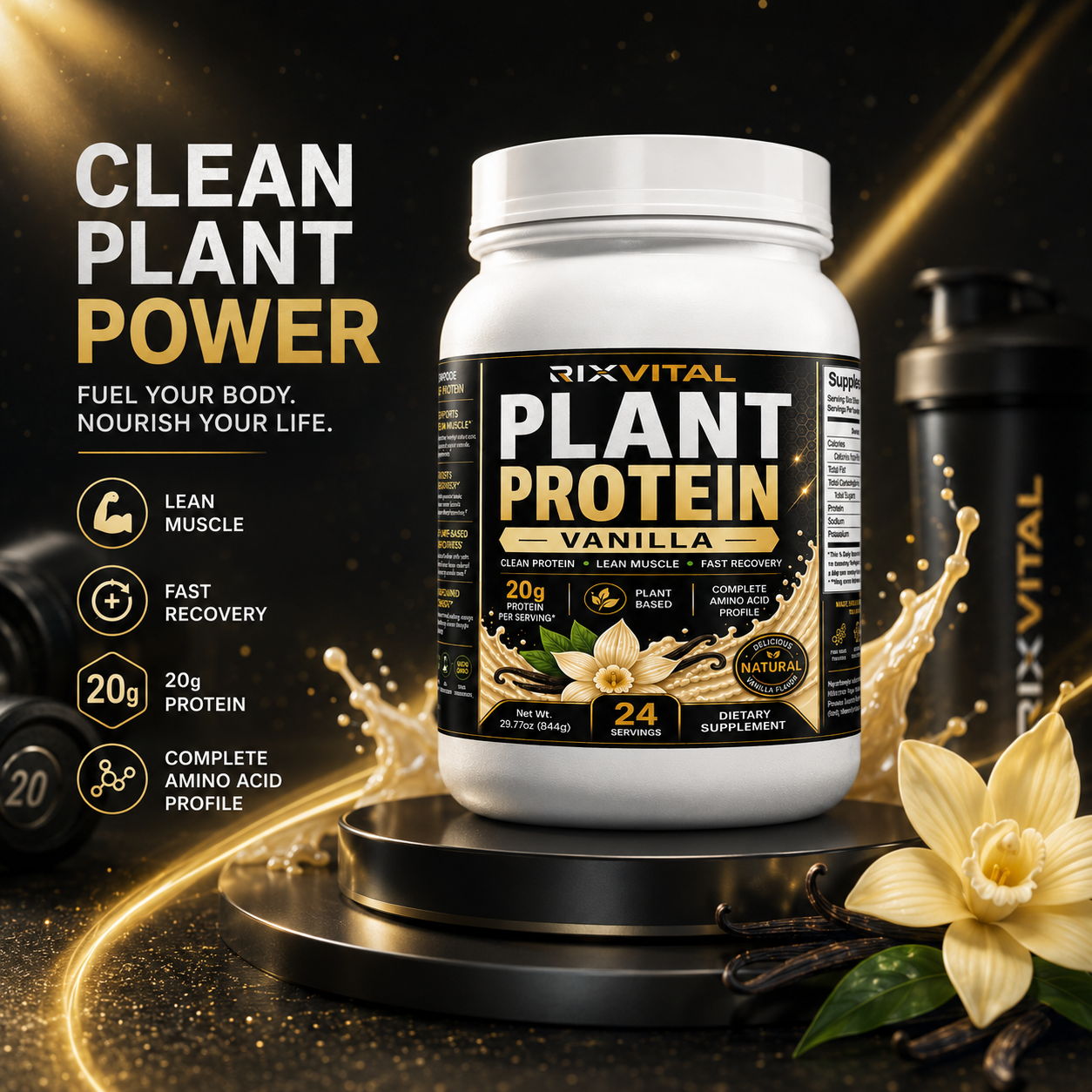 RixVital Plant Protein Vanilla container with vanilla flower and text on a dark background