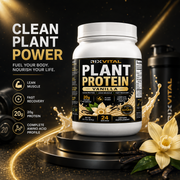 RixVital Plant Protein Vanilla container with vanilla flower and text on a dark background