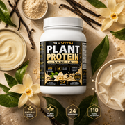 RixVital Plant Protein Vanilla supplement container with vanilla flowers and ingredients on a beige background