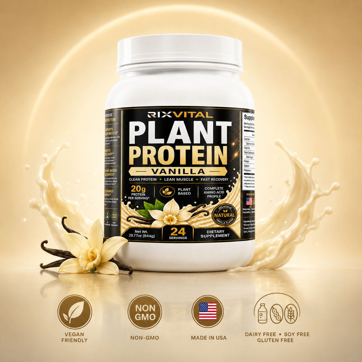 RixVital Plant Protein Vanilla container with vanilla flowers and protein splashes on a beige background