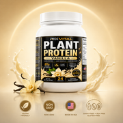 RixVital Plant Protein Vanilla container with vanilla flowers and protein splashes on a beige background