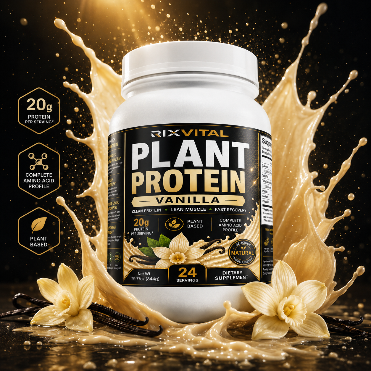 RixVital Plant Protein Vanilla supplement container with vanilla flowers and protein splashes on a dark background