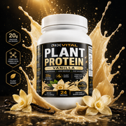 RixVital Plant Protein Vanilla supplement container with vanilla flowers and protein splashes on a dark background