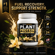 RixVital Plant Protein supplement container with promotional text on a dark background