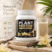 RixVital Plant Protein Vanilla flavor container with a glass of protein shake and vanilla flowers on a neutral background.
