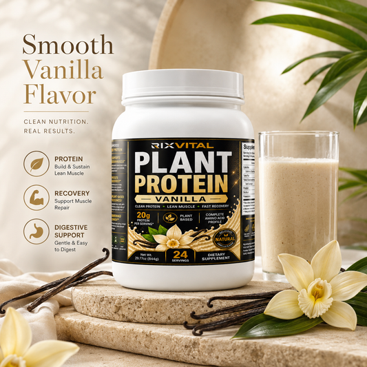 RixVital Plant Protein Vanilla flavor container with a glass of protein shake and vanilla flowers on a neutral background.