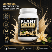 RixVital Plant Protein container with vanilla flavor details on a dark background