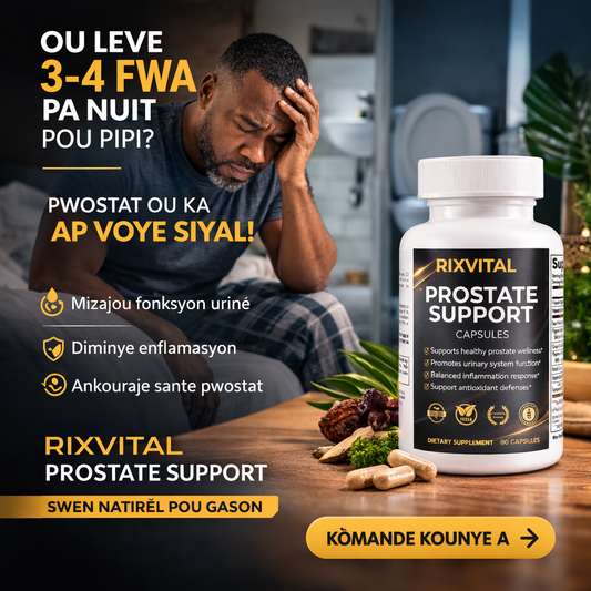 Advertisement for Rixvital Prostate Support with a man sitting on a couch in a kitchen.