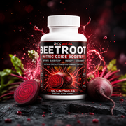 Beetroot supplement bottle with beetroot and red liquid on a dark background