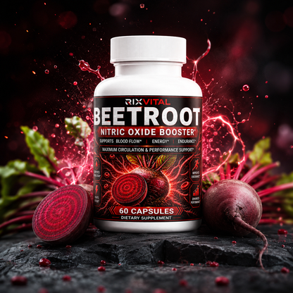 Beetroot supplement bottle with beetroot and red liquid on a dark background