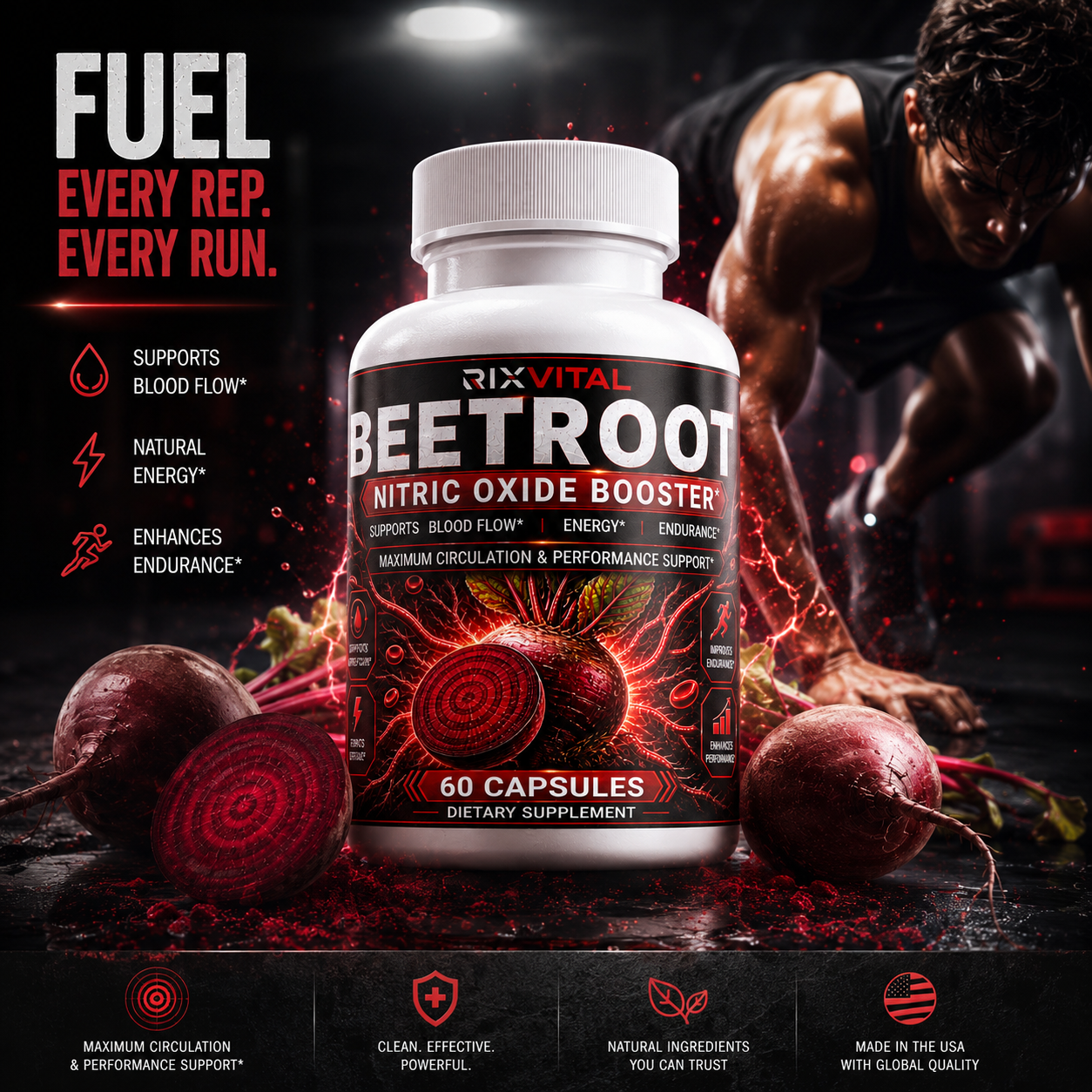 Beetroot supplement bottle with red beets and a muscular person in the background, on a dark background.